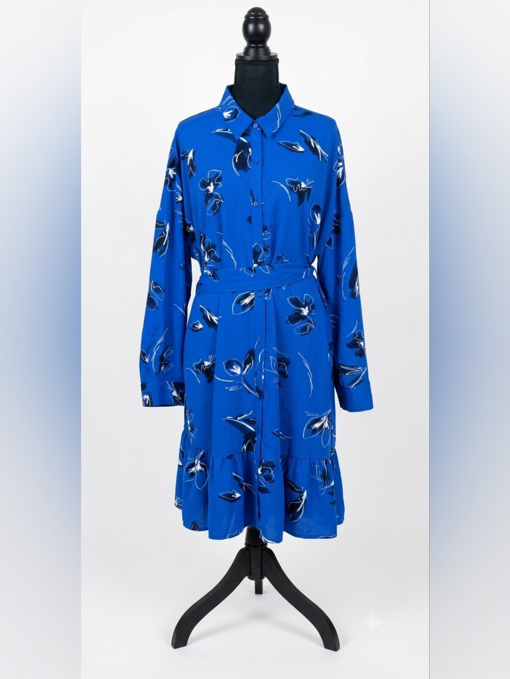Nine West Blue Floral Button-Front Long Sleeve Dress with Belt